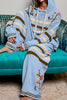 ultra soft chenille hoodie in sky blue with cream and brown stripes and special sewn floral details.