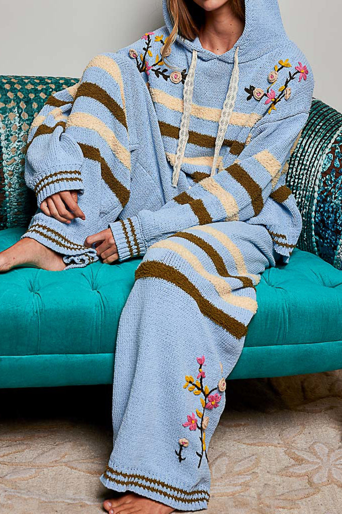 ultra soft chenille hoodie in sky blue with cream and brown stripes and special sewn floral details.