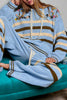 ultra soft chenille hoodie in sky blue with cream and brown stripes and special sewn floral details.