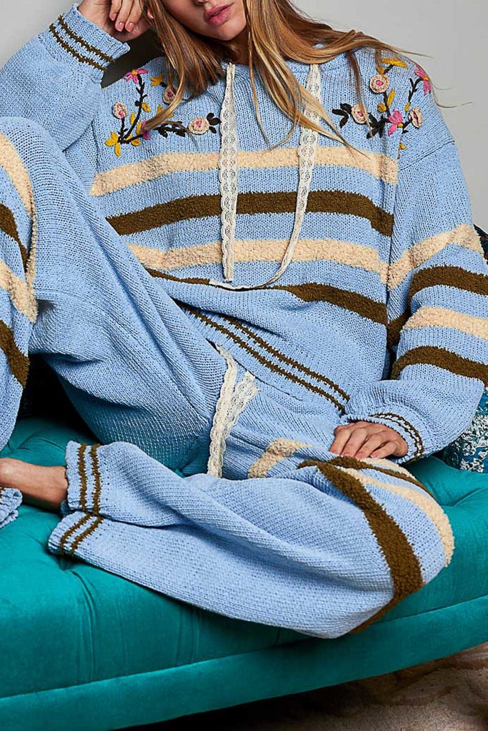 ultra soft chenille hoodie in sky blue with cream and brown stripes and special sewn floral details.
