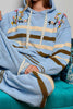 ultra soft chenille hoodie in sky blue with cream and brown stripes and special sewn floral details.