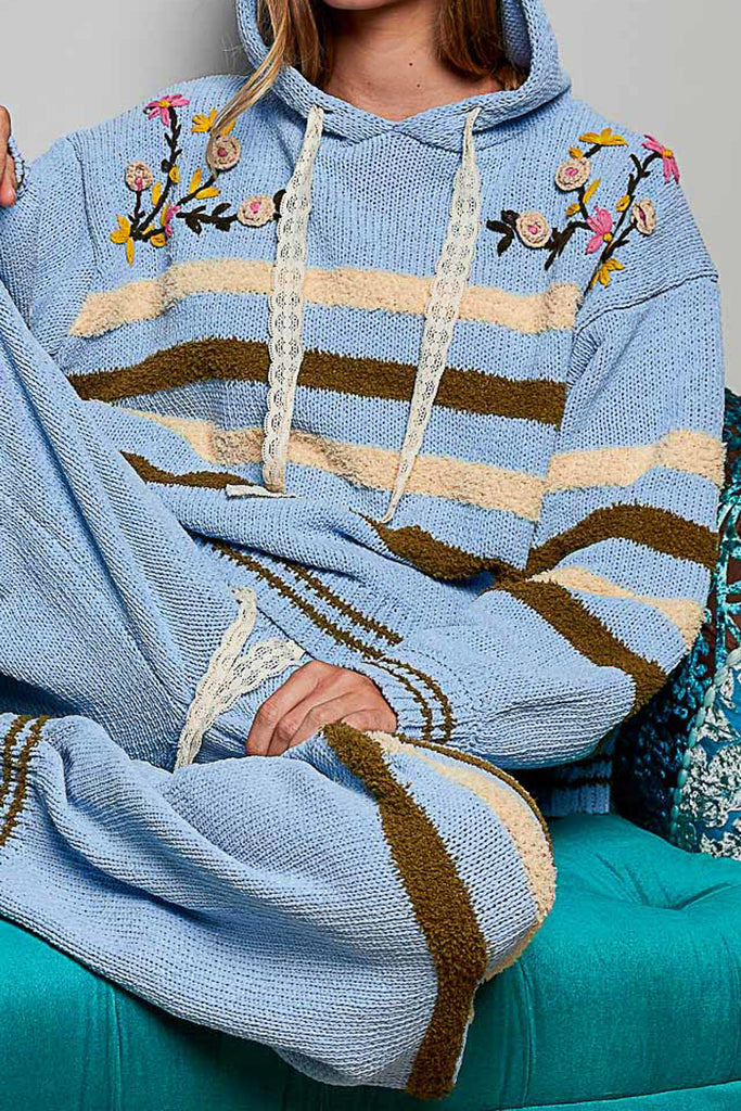 ultra soft chenille hoodie in sky blue with cream and brown stripes and special sewn floral details.