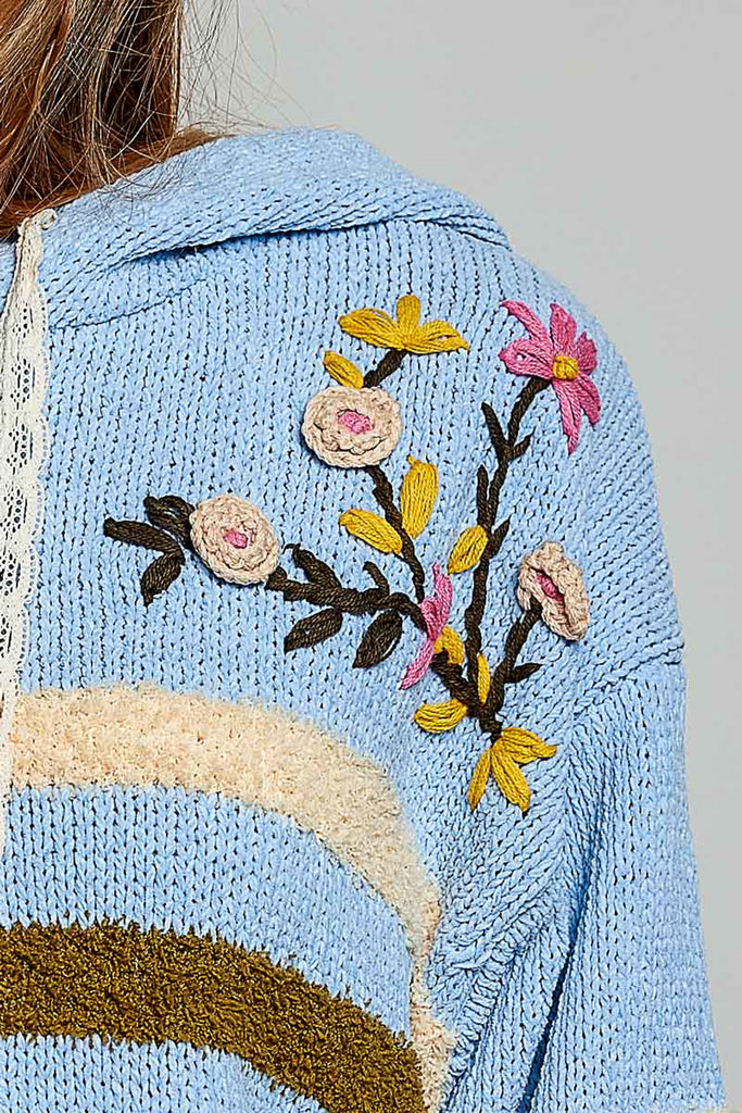 ultra soft chenille hoodie in sky blue with cream and brown stripes and special sewn floral details.