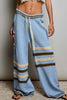 ultra soft chenille pants in sky blue with cream and brown stripes and special sewn floral details. 