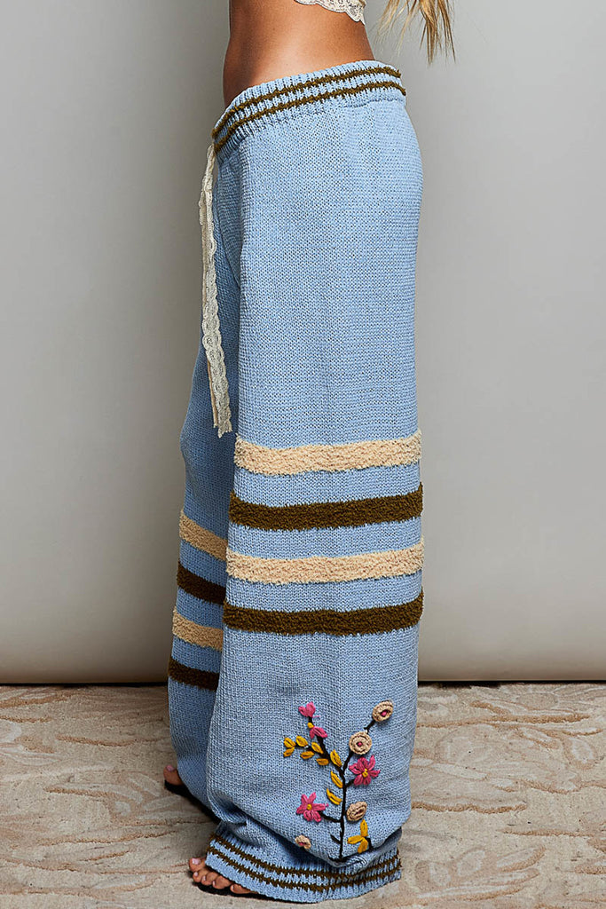 ultra soft chenille pants in sky blue with cream and brown stripes and special sewn floral details. 