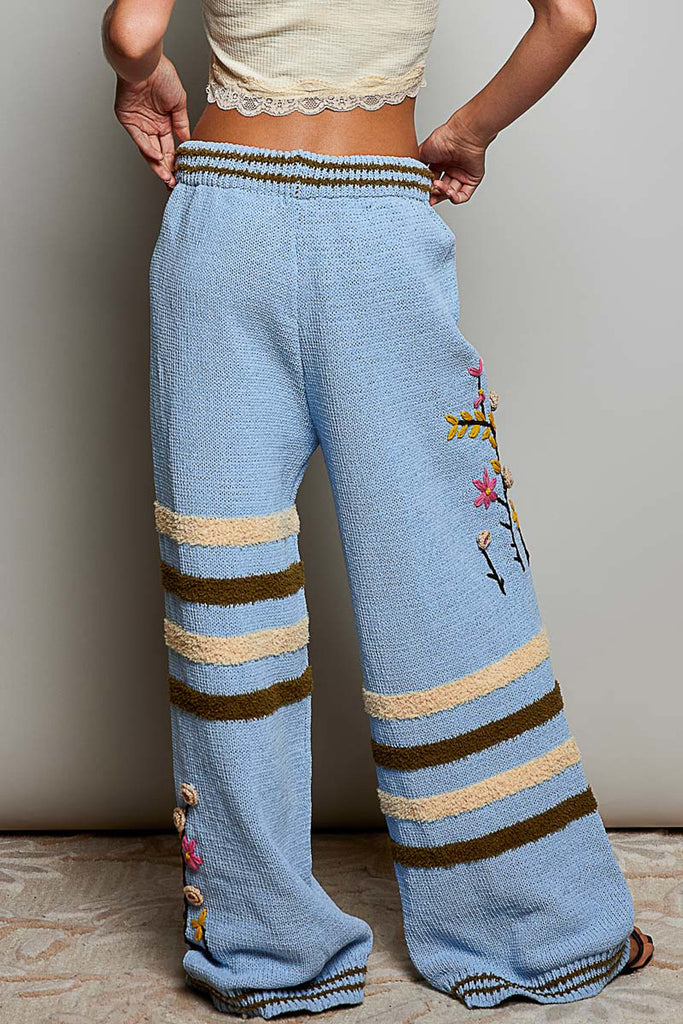 ultra soft chenille pants in sky blue with cream and brown stripes and special sewn floral details. 