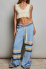 ultra soft chenille pants in sky blue with cream and brown stripes and special sewn floral details. 