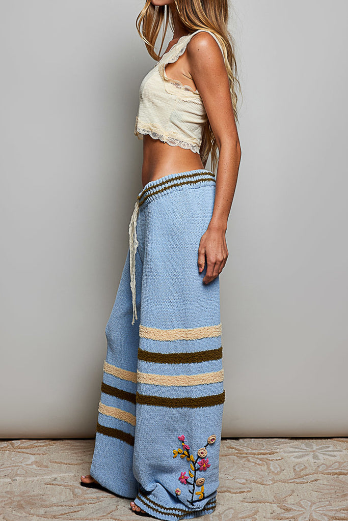 ultra soft chenille pants in sky blue with cream and brown stripes and special sewn floral details. 