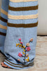 ultra soft chenille pants in sky blue with cream and brown stripes and special sewn floral details. 
