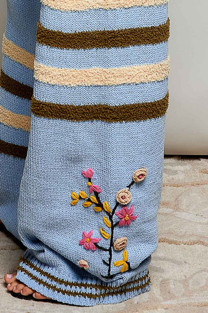 ultra soft chenille pants in sky blue with cream and brown stripes and special sewn floral details. 
