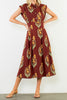 striking brick red dress with a beautiful floral design