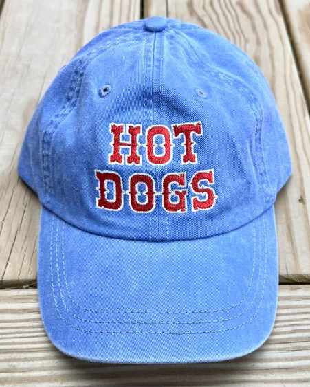 baseball cap with embroidered message hot dogs