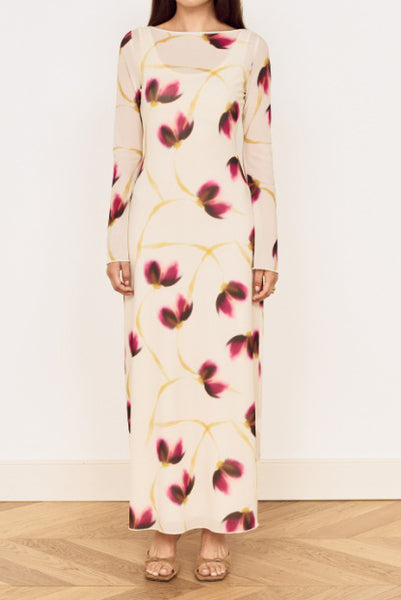 cream colored midi dress in a purple and gold floral pattern with mesh long sleeves from minkpink