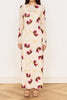 cream colored midi dress in a purple and gold floral pattern with mesh long sleeves from minkpink