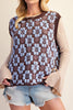 oversized knit sweater vest in chocolate brown with a sky blue argyle-inspired floral pattern 
