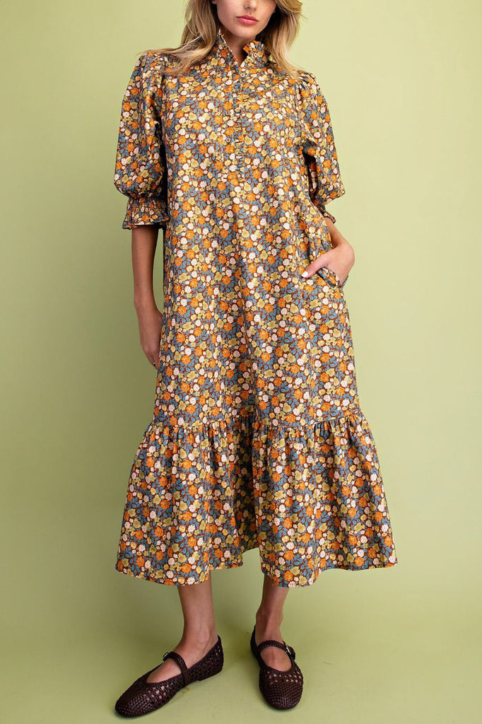 relaxed fit midi dress in a warm toned floral pattern that is perfect for fall