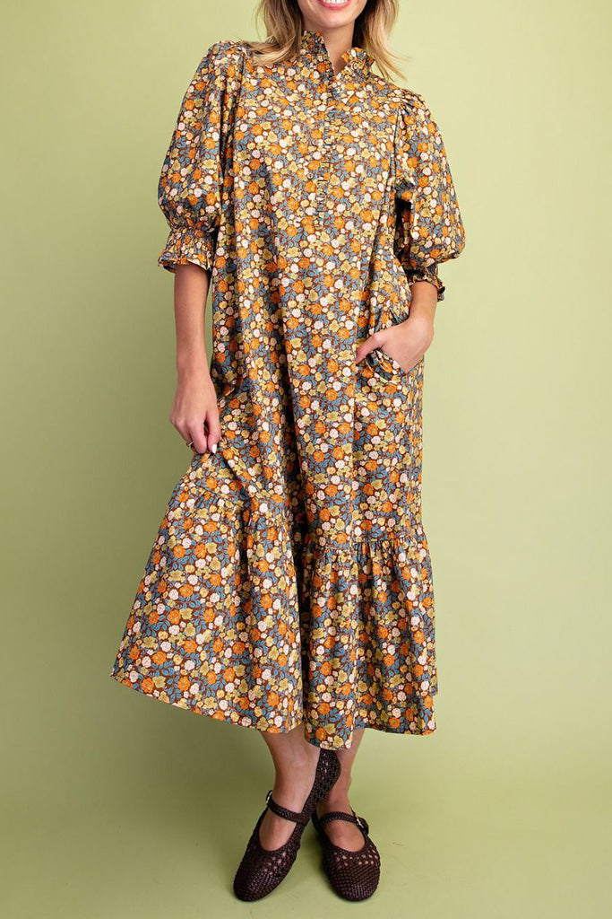 relaxed fit midi dress in a warm toned floral pattern that is perfect for fall