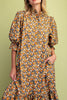 relaxed fit midi dress in a warm toned floral pattern that is perfect for fall
