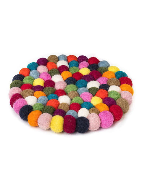 wool felt trivet with a rainbow ball design
