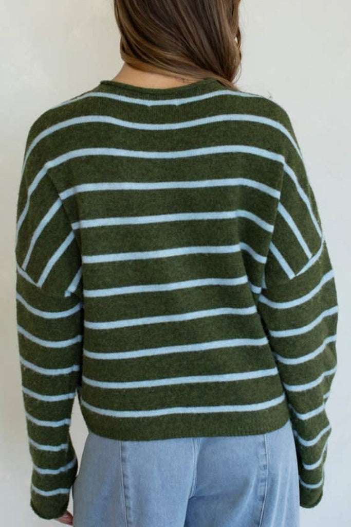 deep olive green and sky blue striped cardigan with a classic shape.