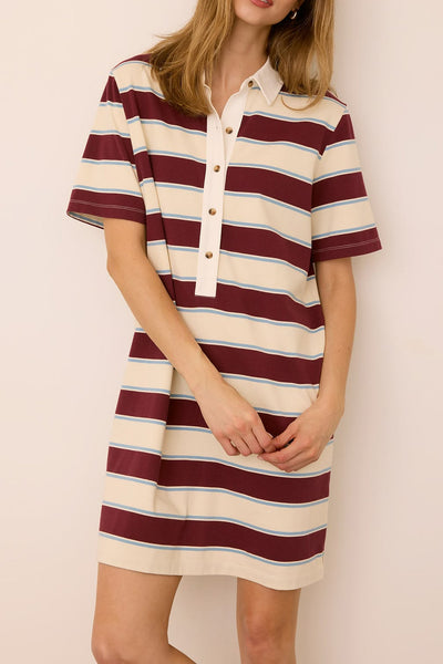 sporty mini dress in fig, light blue, and white stripes