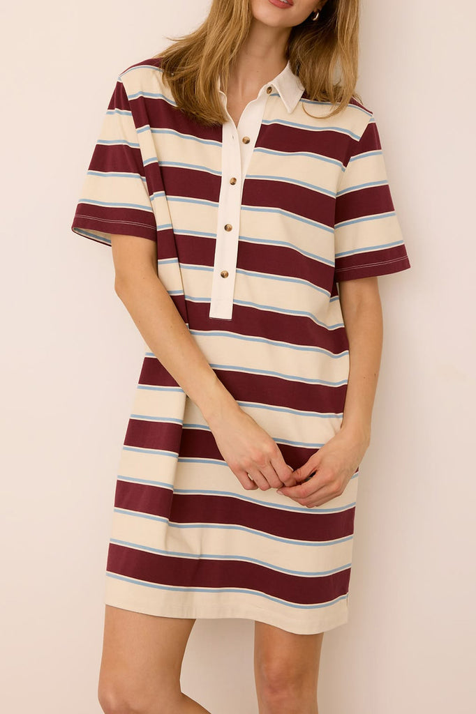 sporty mini dress in fig, light blue, and white stripes
