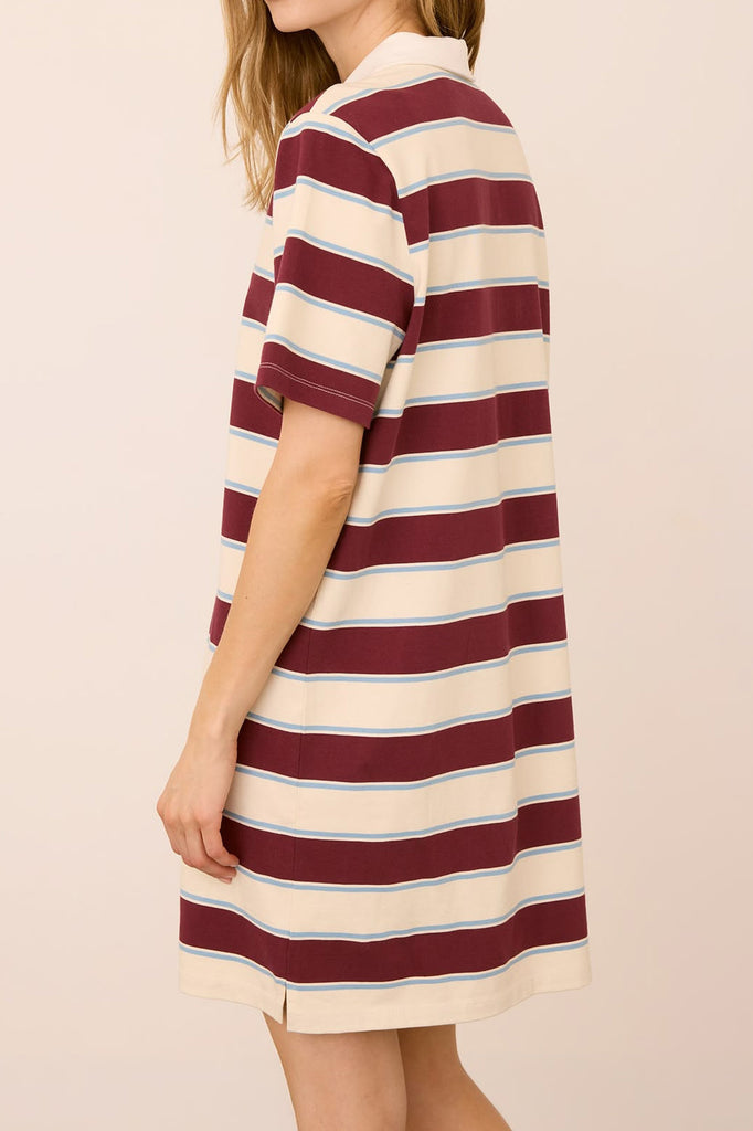 sporty mini dress in fig, light blue, and white stripes