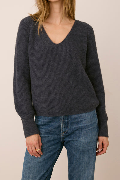knit v neck sweater in smoky blue-grey