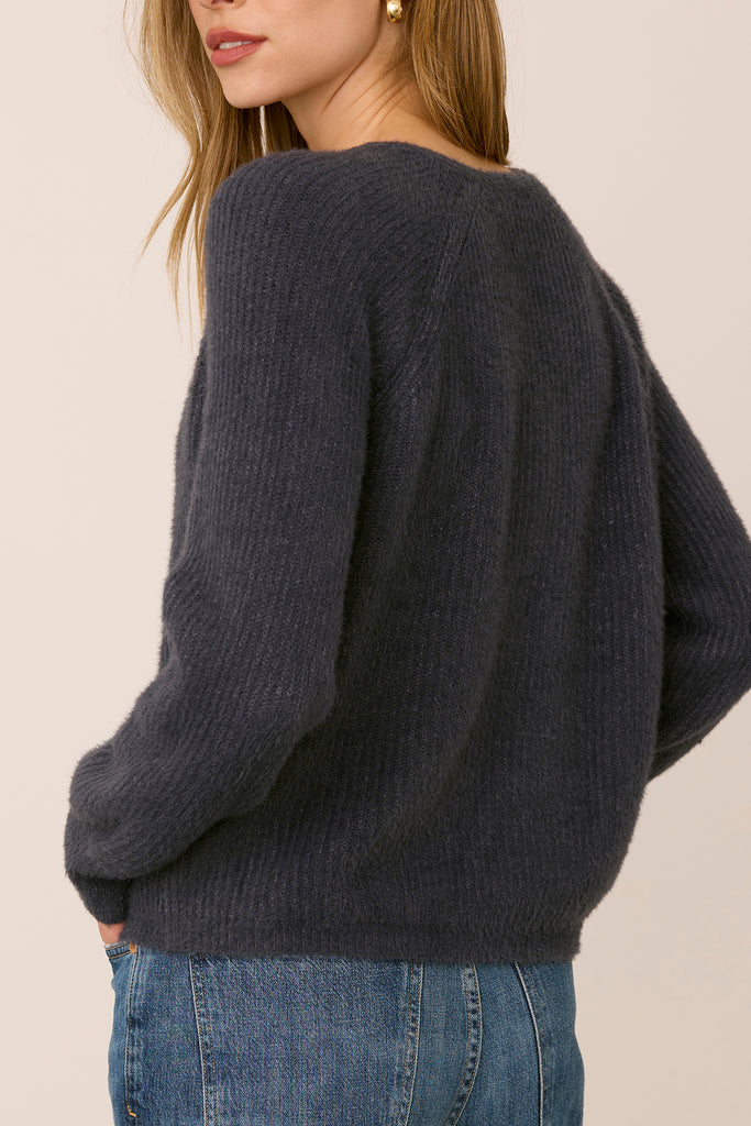 knit v neck sweater in smoky blue-grey