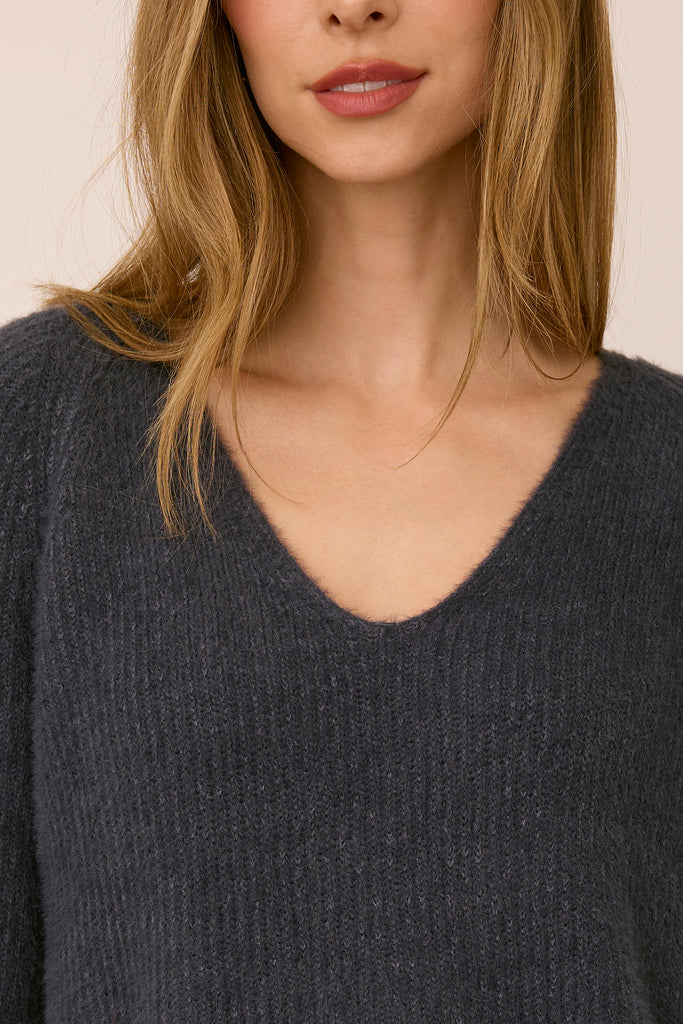 knit v neck sweater in smoky blue-grey