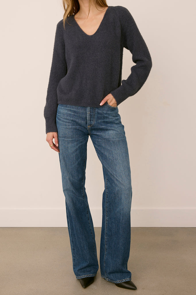 knit v neck sweater in smoky blue-grey