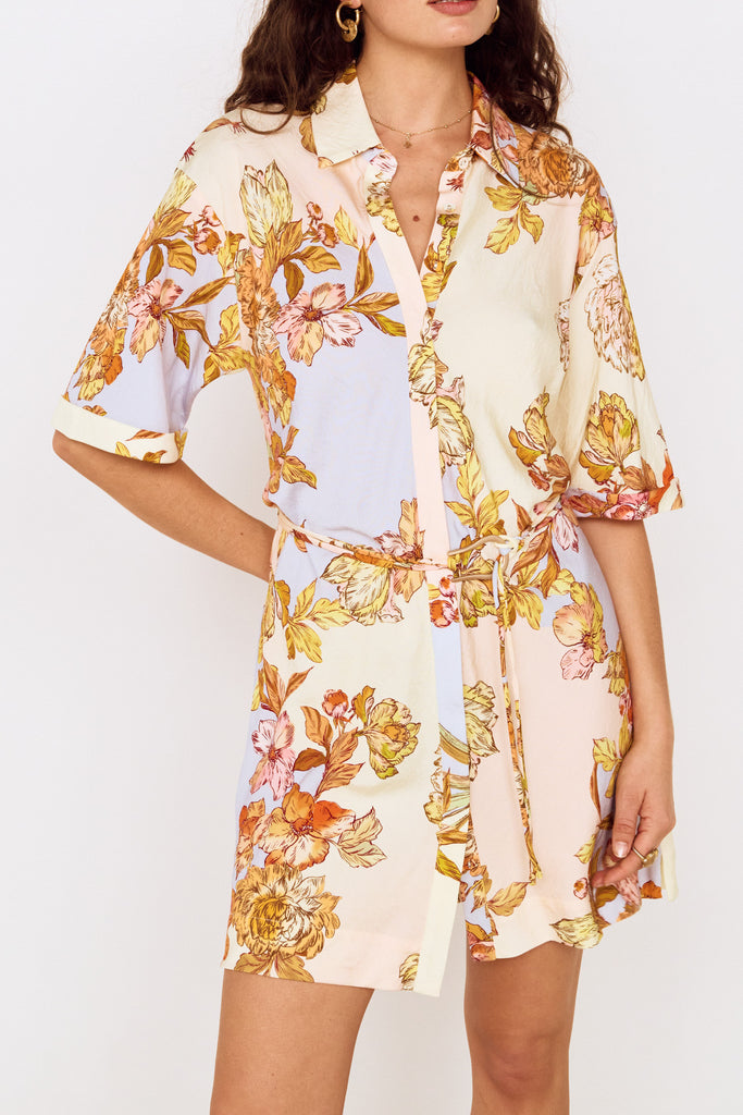 mini shirt dress with feminine colorblocked floral print from minkpink