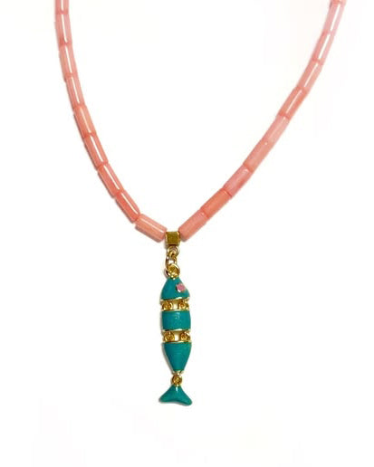 pink beaded necklace with golden fish charm with teal enamel details 