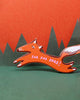 genuine leather key fob in the shape of a fox with the message "for fox sake!"
