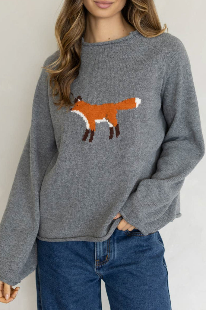 heather grey sweater with a knit fox graphic