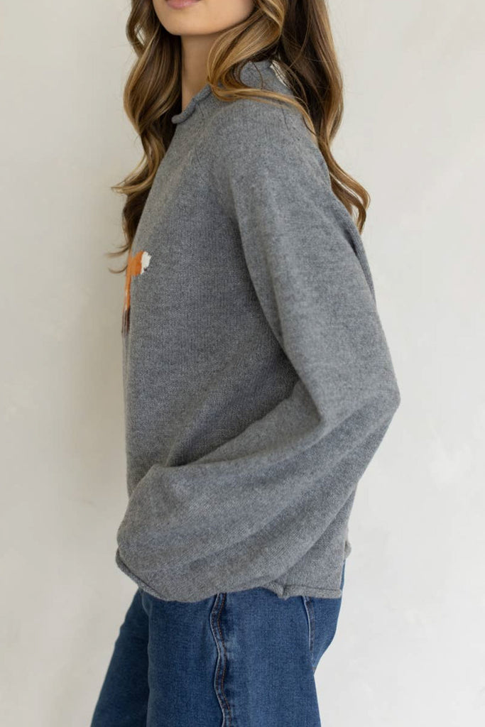 heather grey sweater with a knit fox graphic