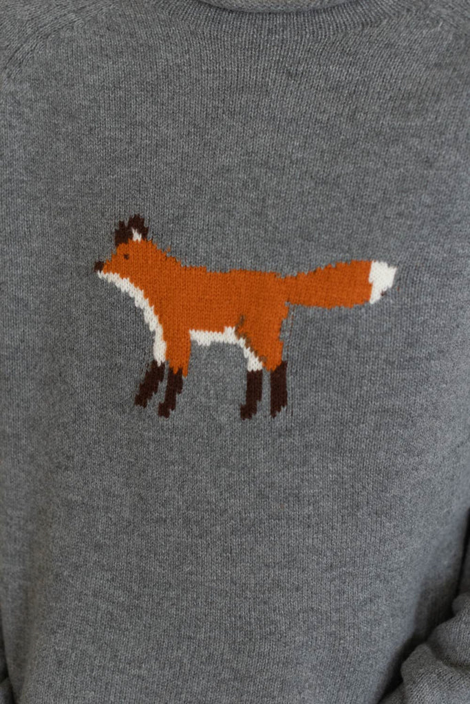 heather grey sweater with a knit fox graphic