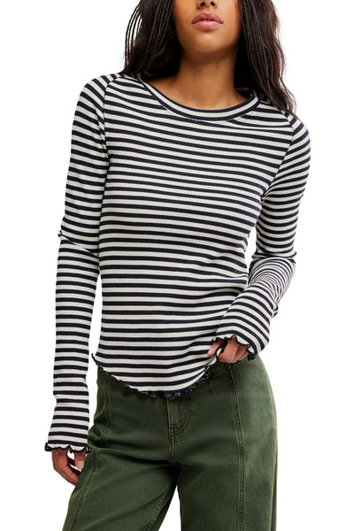 free people soft waffle knit long sleeve tee in classic black and white stripes