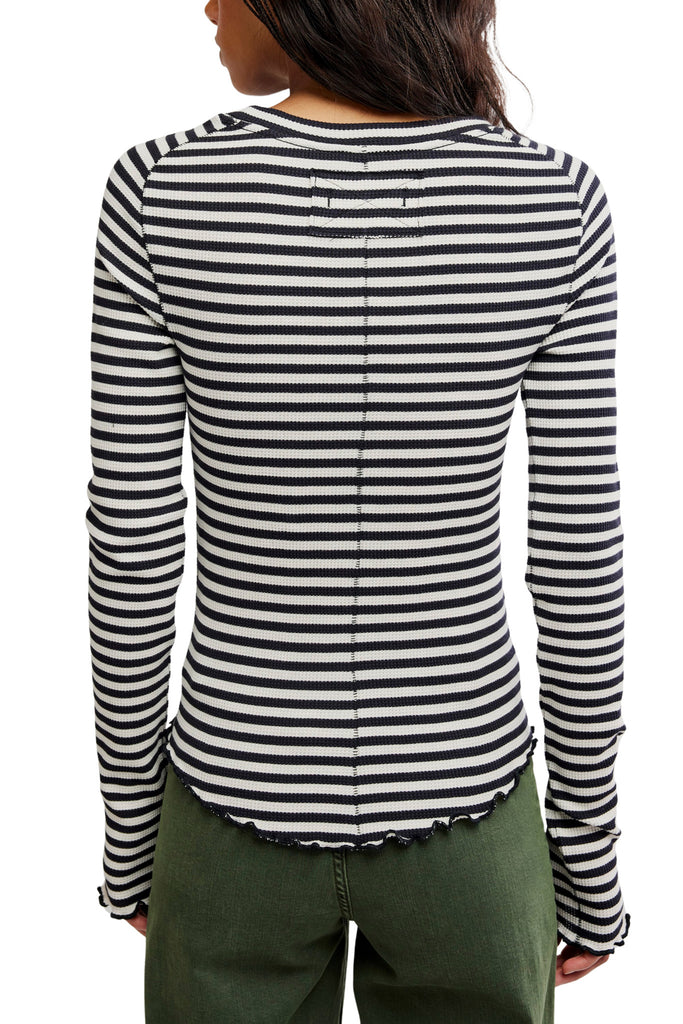 free people soft waffle knit long sleeve tee in classic black and white stripes