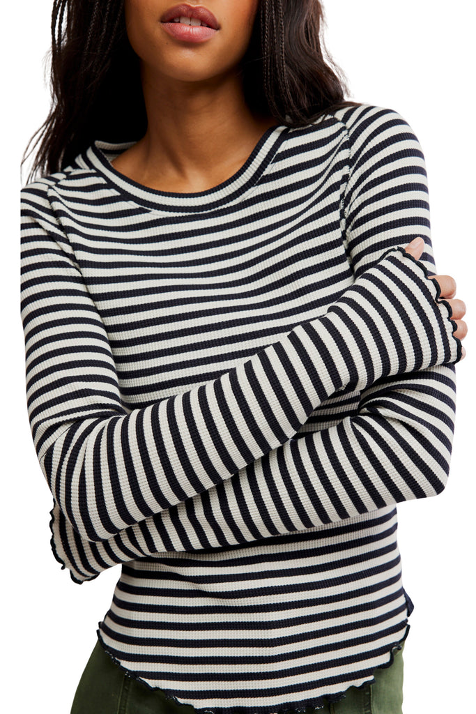 free people soft waffle knit long sleeve tee in classic black and white stripes