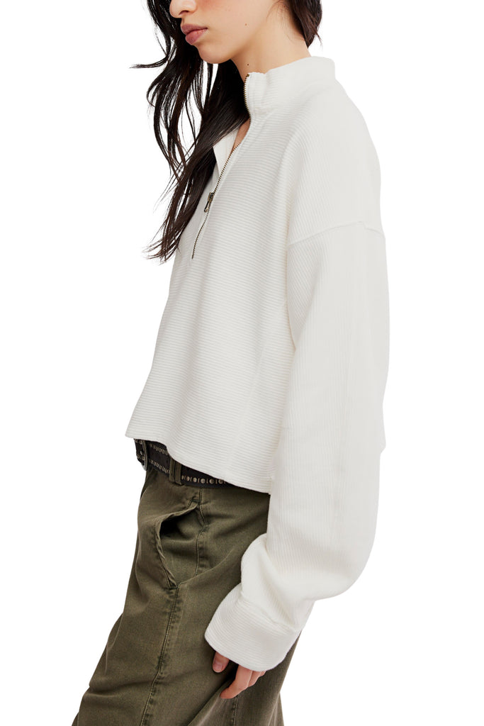 free people textured quarter zip pullover in clean ivory