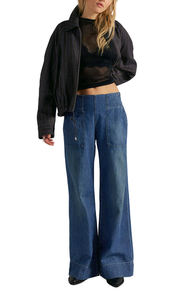 free people dark blue denim pull-on jeans