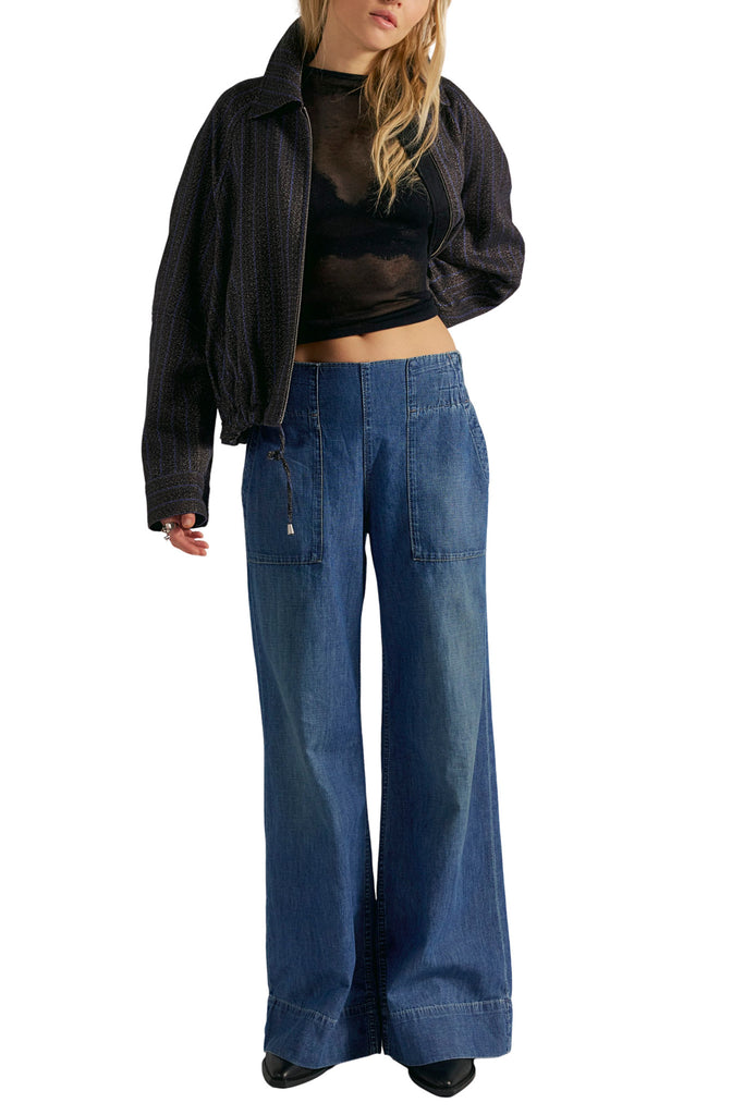 free people dark blue denim pull-on jeans