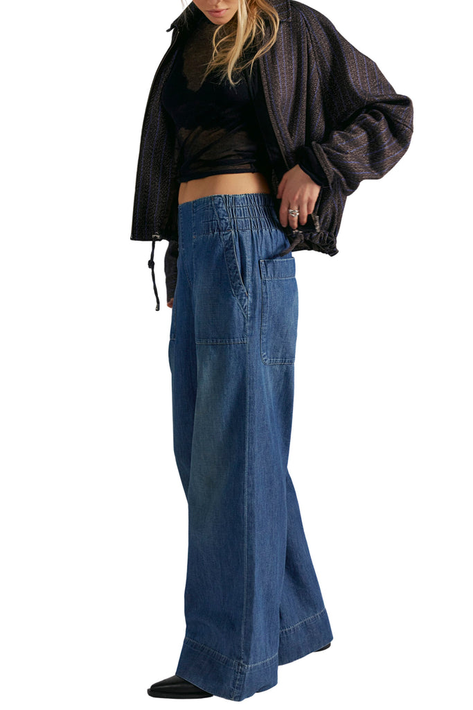 free people dark blue denim pull-on jeans