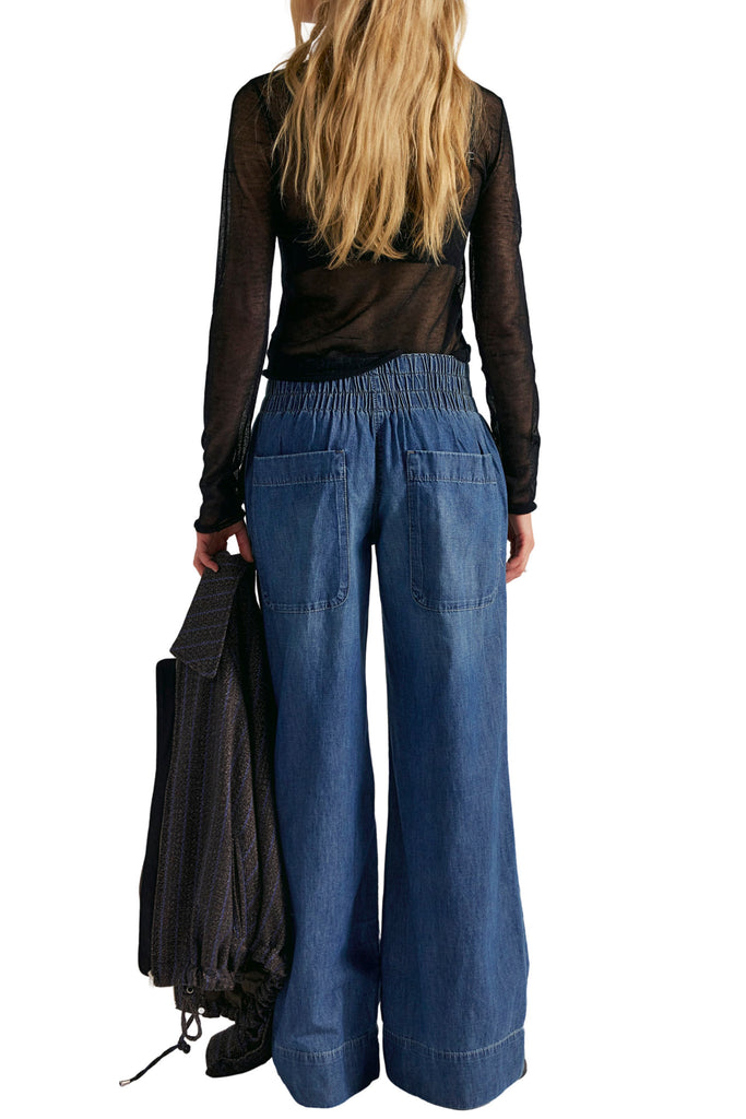 free people dark blue denim pull-on jeans