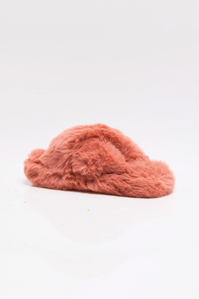 free people soft faux fur slippers in papaya pink