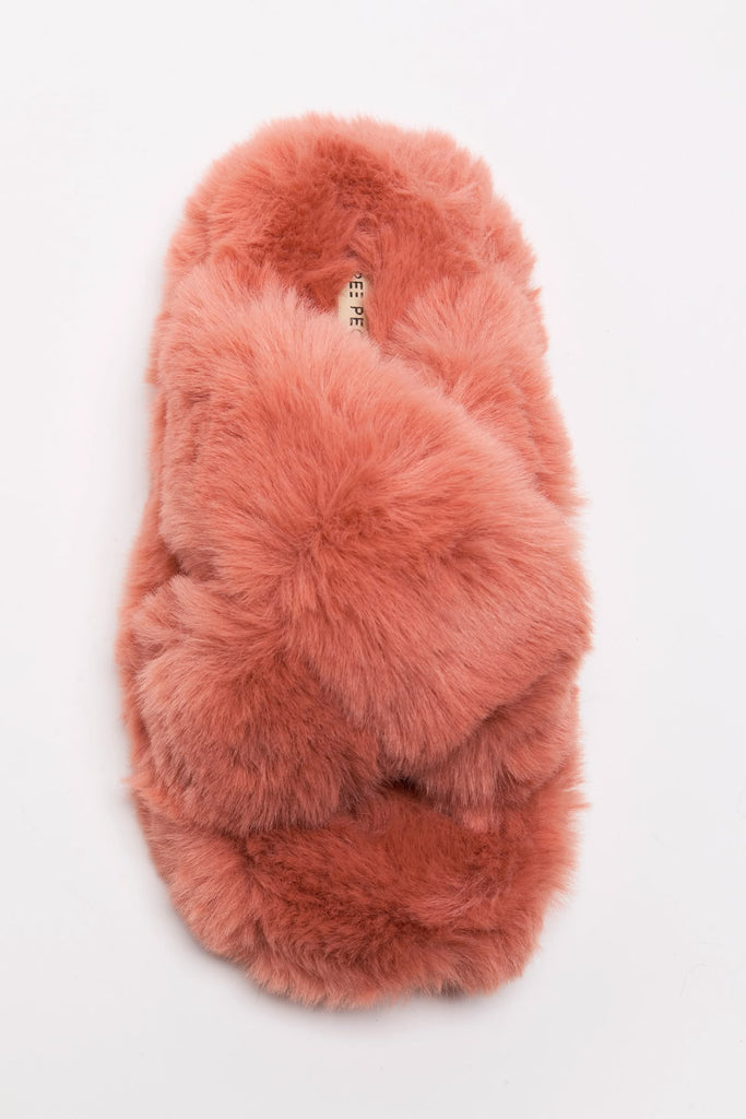 free people soft faux fur slippers in papaya pink