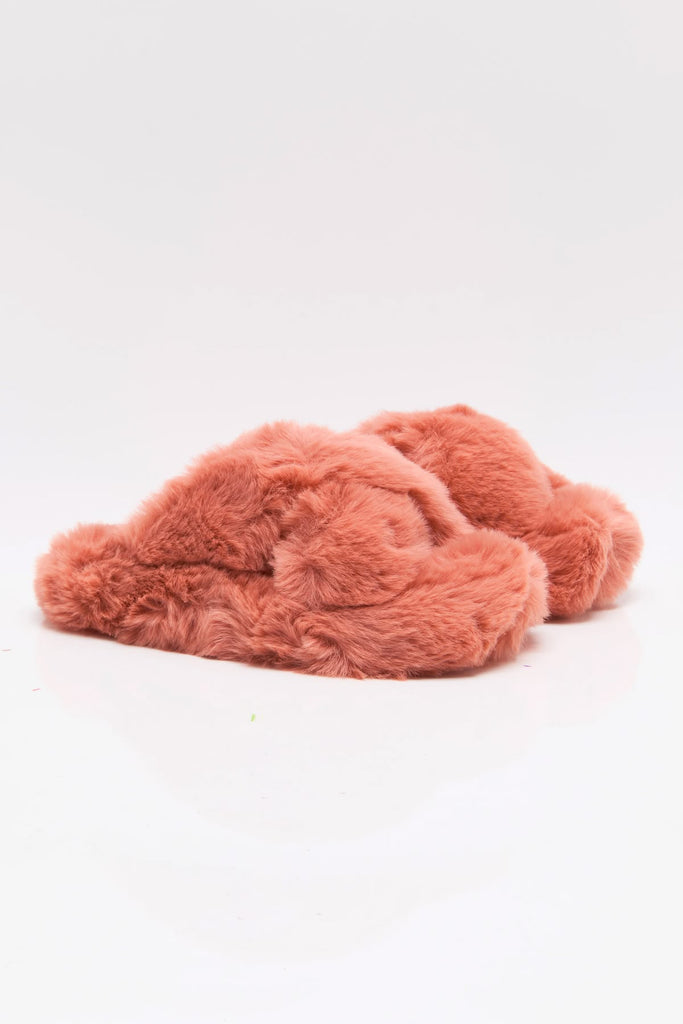 free people soft faux fur slippers in papaya pink