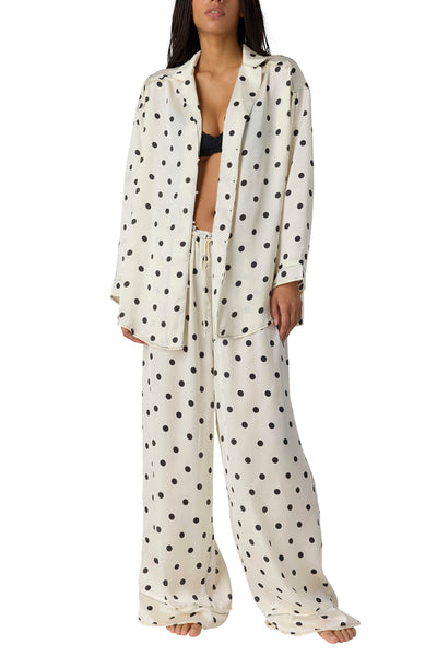 free people beloved pajama set in ivory with classic black polka dots.