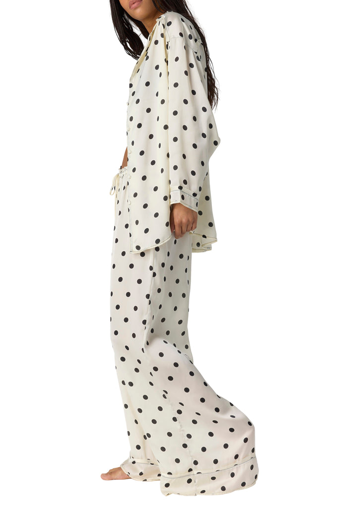 free people beloved pajama set in ivory with classic black polka dots.